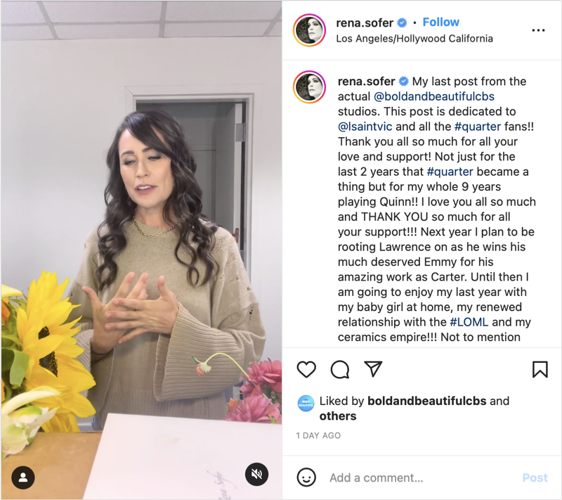 The Bold and the Beautiful's Rena Sofer Pays Tribute To 'Quarter' Upon Exit